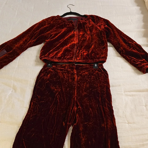 BCBGMaxAzria Red Velvet Pantsuit 2 Pieces Rayon and Silk. - Picture 6 of 16